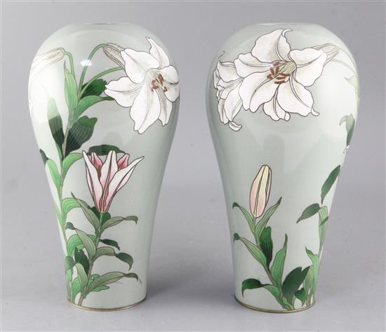 A fine pair of Japanese cloisonne enamel celadon ground vases, studio of Hayashi Kodenji, Meiji/Taisho period, 31.5cm high